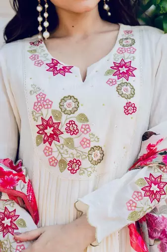 Cream floral embroidered anarkali palazzo suit set