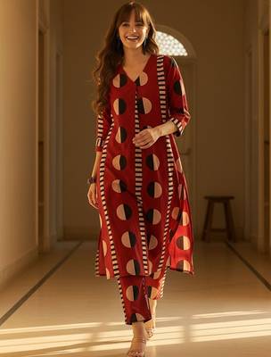Geometric Printed V-Neck Cotton Straight Kurta With Trousers 6