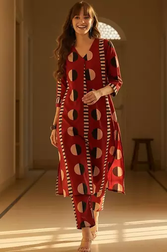 Geometric Printed V-Neck Cotton Straight Kurta With Trousers
