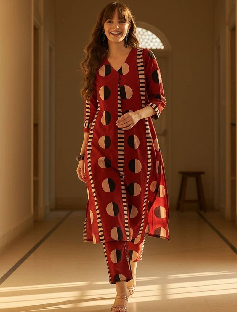 Geometric Printed V-Neck Cotton Straight Kurta With Trousers
