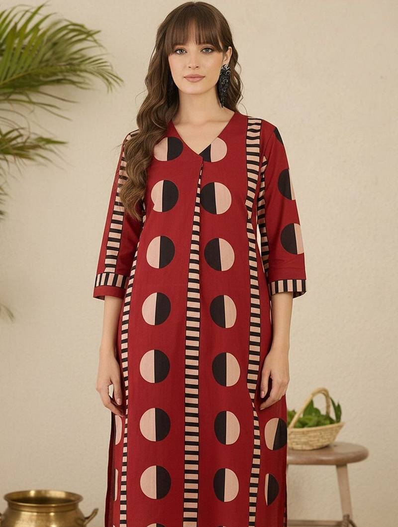 Geometric Printed V-Neck Cotton Straight Kurta With Trousers
