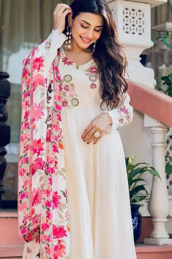 Cream floral embroidered anarkali palazzo suit set