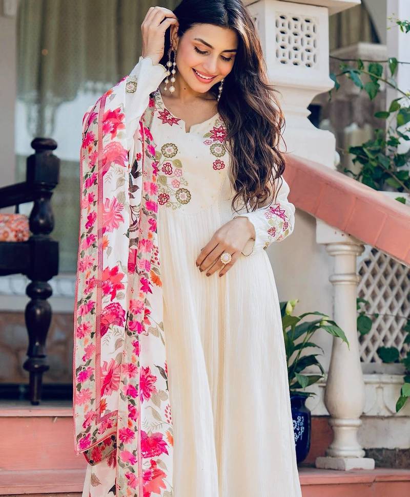 Cream floral embroidered anarkali palazzo suit set