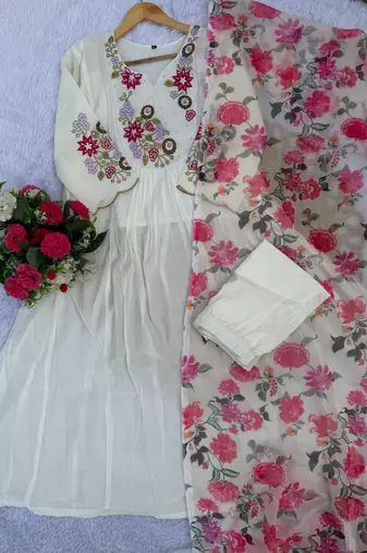 Cream floral embroidered anarkali palazzo suit set
