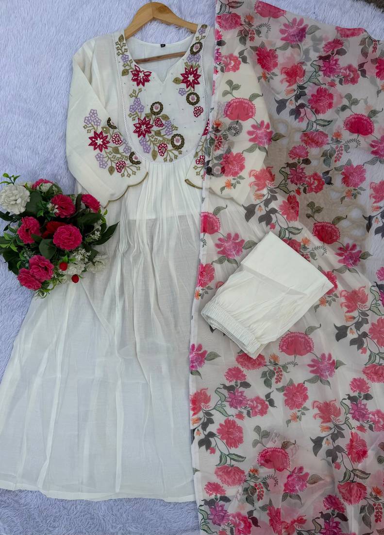 Cream floral embroidered anarkali palazzo suit set