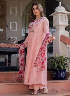 Pink floral embroidered anarkali palazzo suit set 1