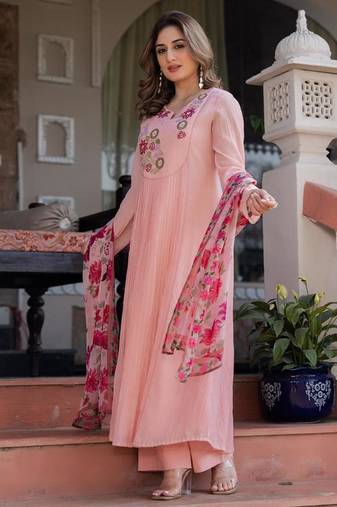 Pink floral embroidered anarkali palazzo suit set