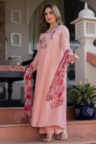 Pink floral embroidered anarkali palazzo suit set