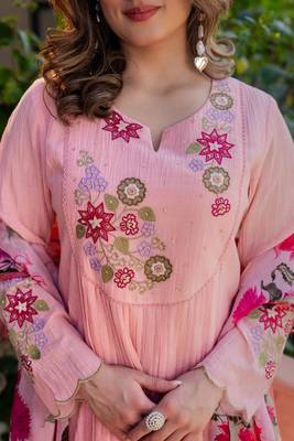 Pink floral embroidered anarkali palazzo suit set 2