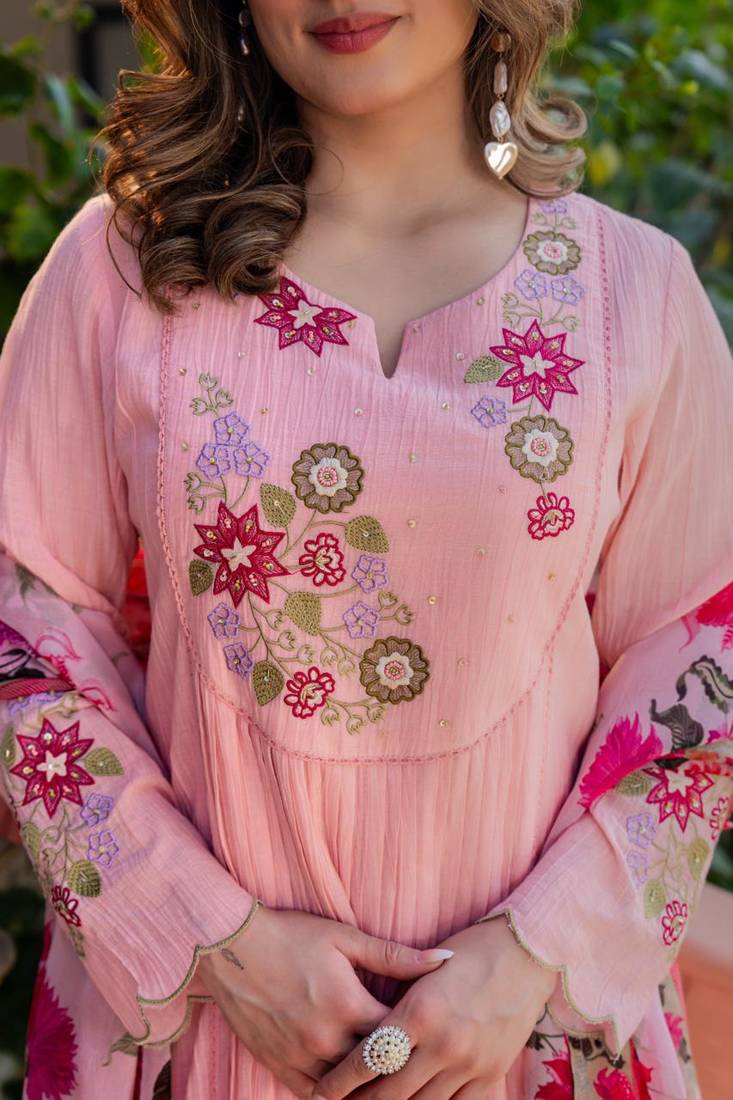 Pink floral embroidered anarkali palazzo suit set