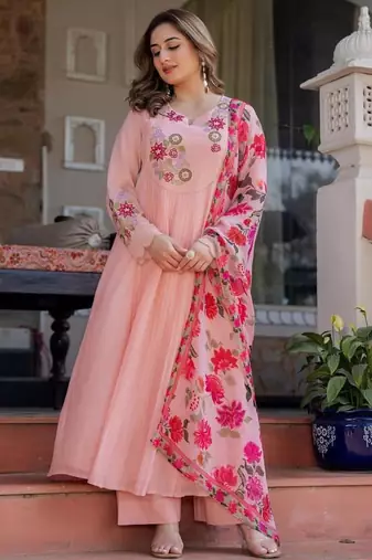 Pink floral embroidered anarkali palazzo suit set