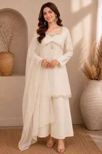 Cream festive wear straight kurti with scallop border palazzo and dupatta