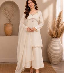 Cream festive wear straight kurti with scallop border palazzo and dupatta