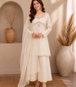 Cream festive wear straight kurti with scallop border palazzo and dupatta