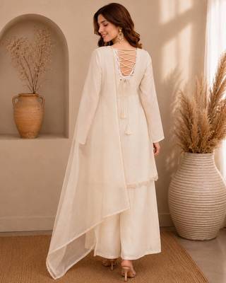 Cream festive wear straight kurti with scallop border palazzo and dupatta 3