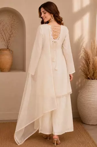 Cream festive wear straight kurti with scallop border palazzo and dupatta
