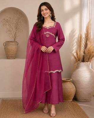 Wine festive wear straight kurti with scallop border palazzo and dupatta 1