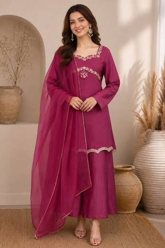 Wine festive wear straight kurti with scallop border palazzo and dupatta