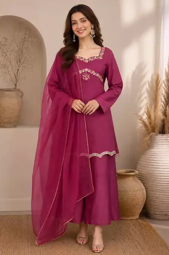 Wine festive wear straight kurti with scallop border palazzo and dupatta