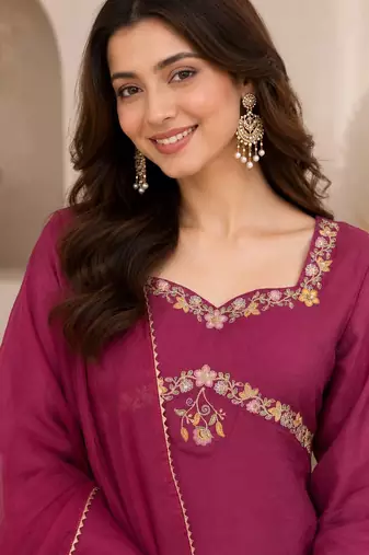 Wine festive wear straight kurti with scallop border palazzo and dupatta