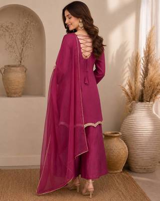 Wine festive wear straight kurti with scallop border palazzo and dupatta 3