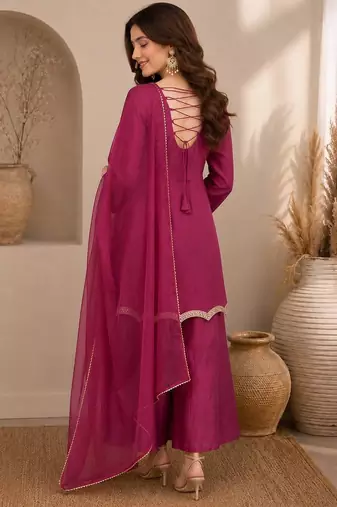 Wine festive wear straight kurti with scallop border palazzo and dupatta
