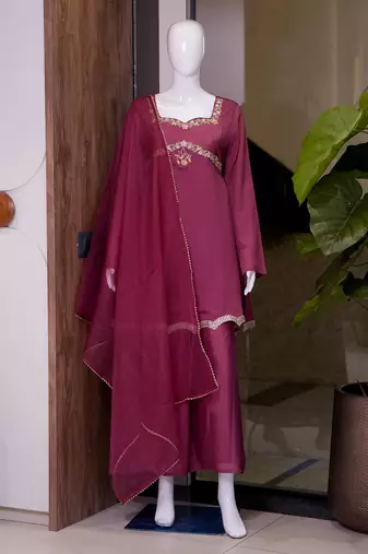 Wine festive wear straight kurti with scallop border palazzo and dupatta