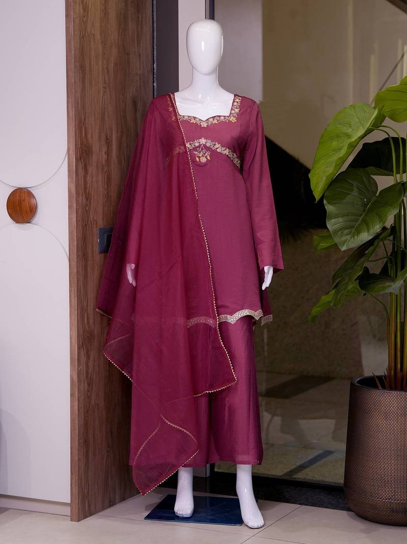 Wine festive wear straight kurti with scallop border palazzo and dupatta