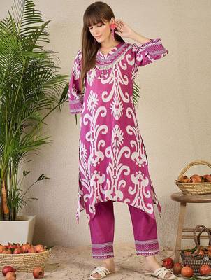 Adults-Women Ethnic Motifs Printed Cotton A-Line Kurta with Trousers 1