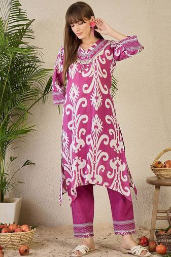Adults-Women Ethnic Motifs Printed Cotton A-Line Kurta with Trousers