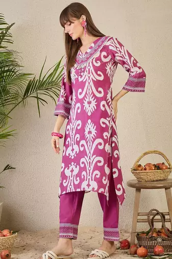 Adults-Women Ethnic Motifs Printed Cotton A-Line Kurta with Trousers