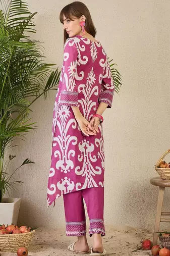 Adults-Women Ethnic Motifs Printed Cotton A-Line Kurta with Trousers