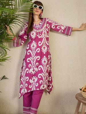 Adults-Women Ethnic Motifs Printed Cotton A-Line Kurta with Trousers 6