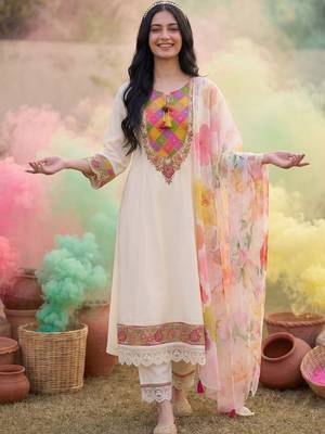 Women Floral Embroidered Thread Work Kurta with Trousers & With Dupatta 1