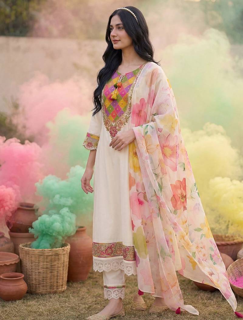 Women Floral Embroidered Thread Work Kurta with Trousers & With Dupatta