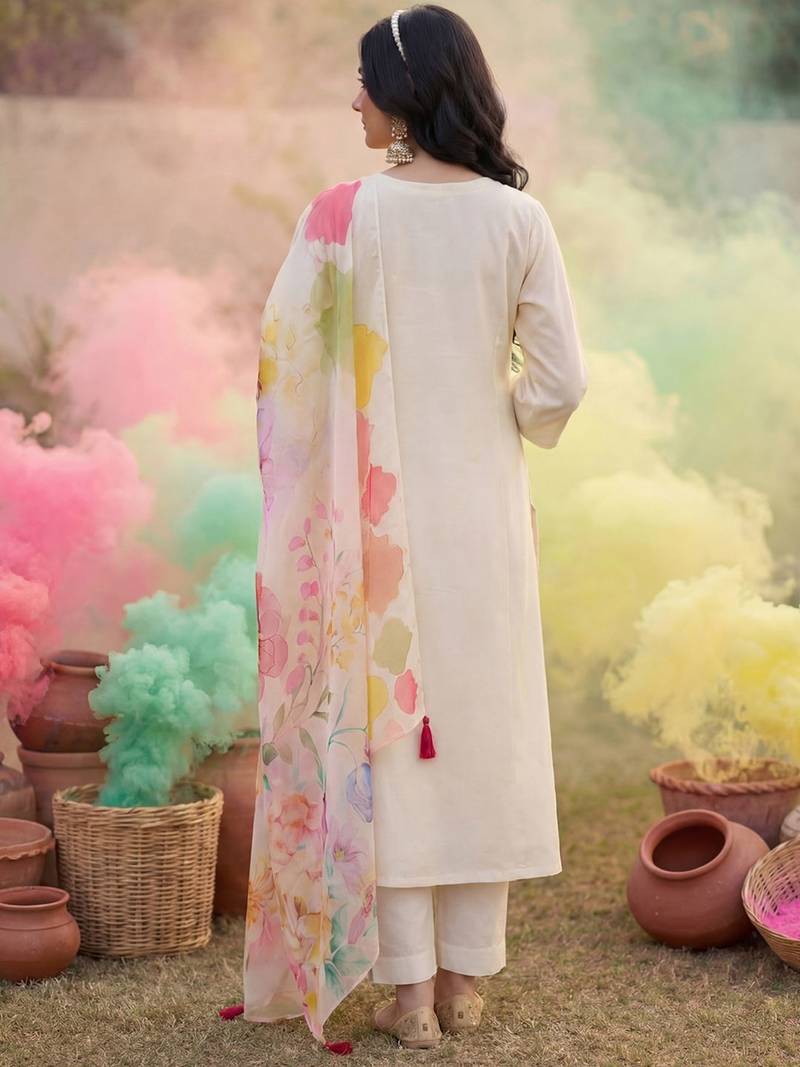 Women Floral Embroidered Thread Work Kurta with Trousers & With Dupatta
