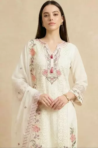 Women Floral Embroidered Thread Work Kurta with Trousers & With Dupatta