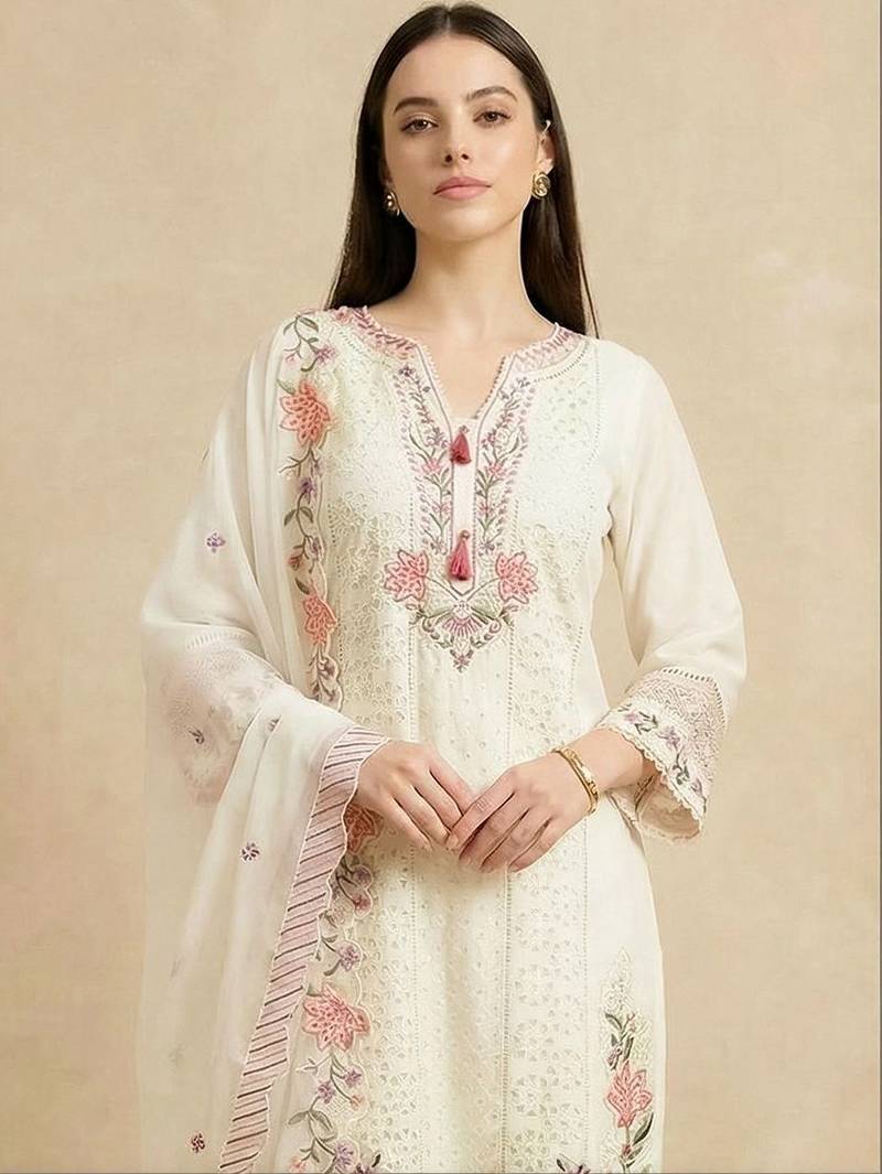Women Floral Embroidered Thread Work Kurta with Trousers & With Dupatta