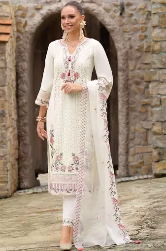 Women Floral Embroidered Thread Work Kurta with Trousers & With Dupatta