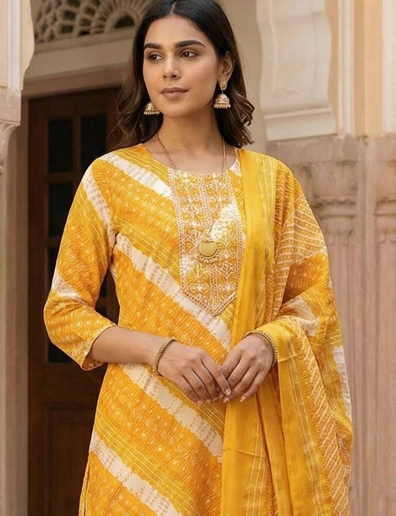 Women Leheriya Printed Thread Work Kurta with Trousers & With Dupatta