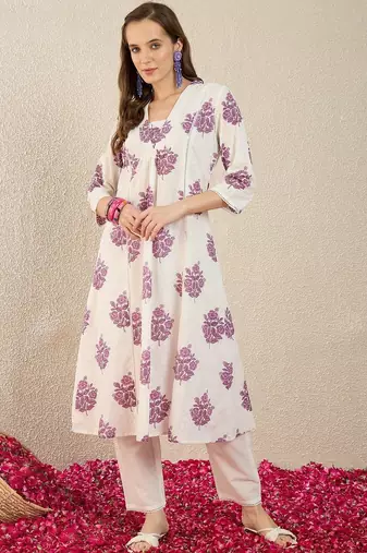 Women Floral Printed Cotton Kurta with Trousers