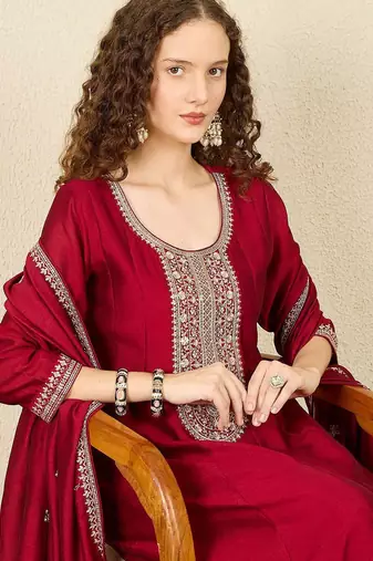 Ethnic Motifs Embroidered Sequinned Anarkali Kurta with Trousers & Dupatta