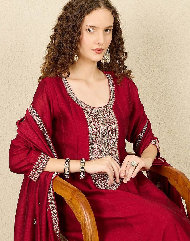 Ethnic Motifs Embroidered Sequinned Anarkali Kurta with Trousers & Dupatta