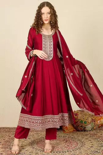 Ethnic Motifs Embroidered Sequinned Anarkali Kurta with Trousers & Dupatta