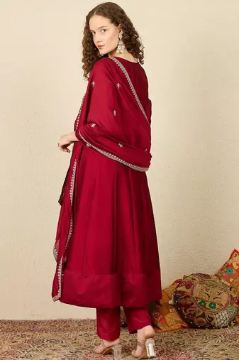 Ethnic Motifs Embroidered Sequinned Anarkali Kurta with Trousers & Dupatta