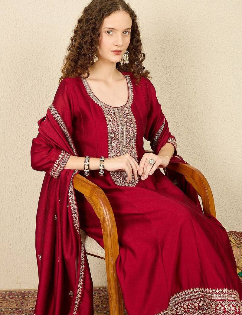 Ethnic Motifs Embroidered Sequinned Anarkali Kurta with Trousers & Dupatta