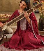 Floral Yoke Design Round Neck Zari Anarkali Kurta & Trousers With Dupatta