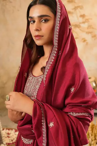 Floral Yoke Design Round Neck Zari Anarkali Kurta & Trousers With Dupatta