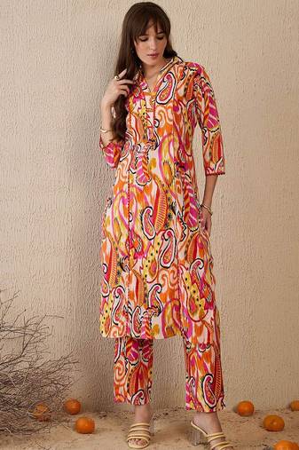 Women Printed Panelled Cotton Kurta with Trousers