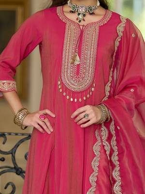Ethnic Motifs Embroidered Notch Neck A-line Kurta With Trousers & Dupatta 2